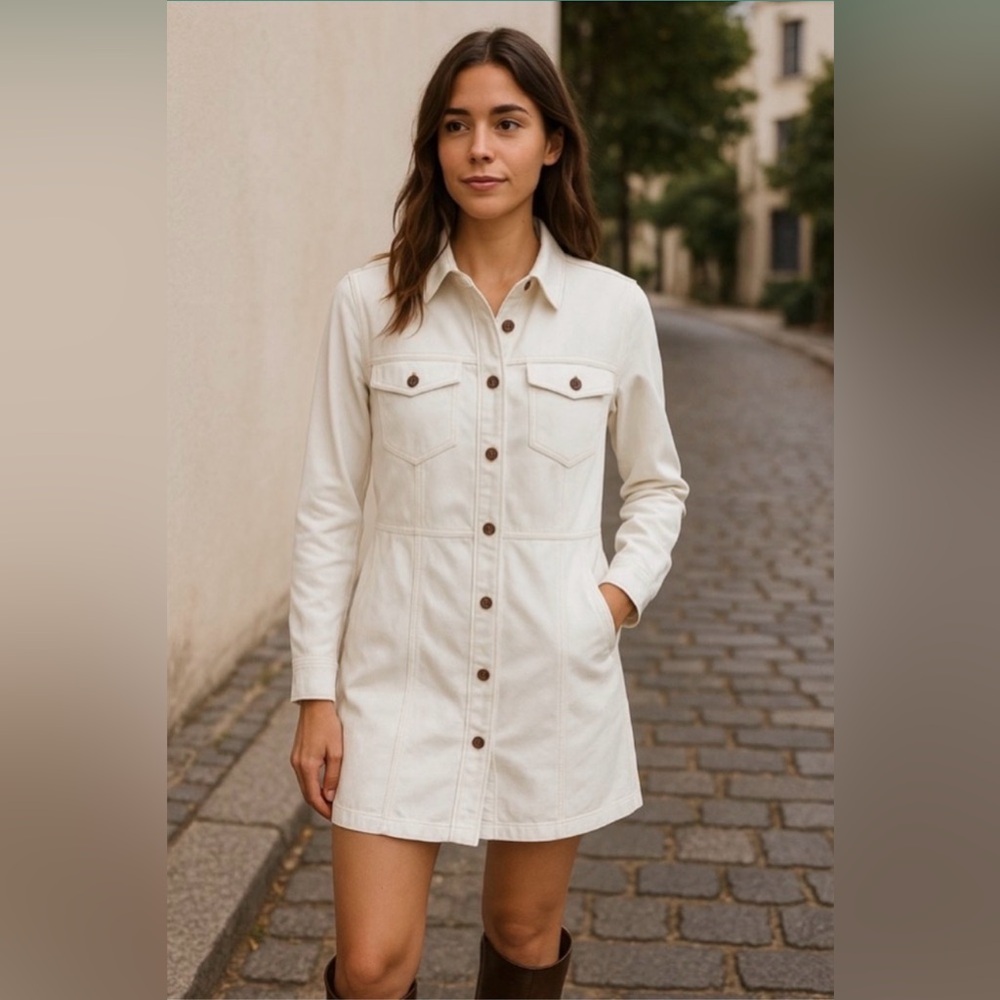Frye - White Denim Midi Dress Button Front Long Sleeve Size Small Cotton